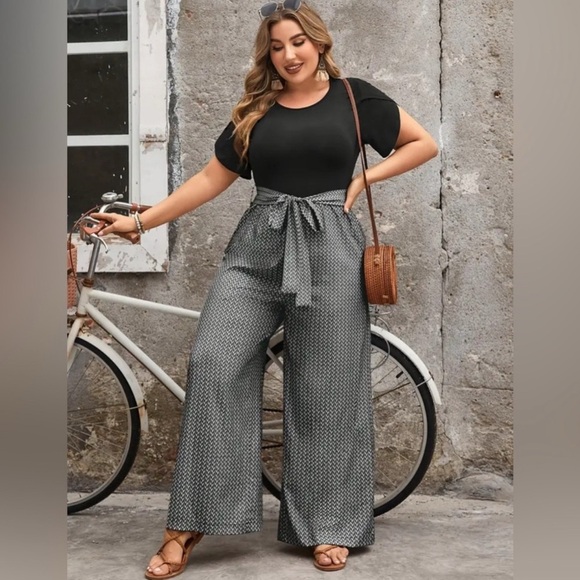 Plus Size One Piece Belted Geometric Wide-Leg Jumpsuit - Picture 3 of 3